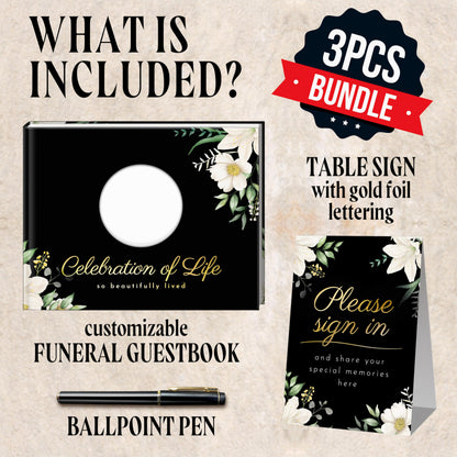 GUATE STORE Funeral Guest Book – Black Cover, 3-Piece Set with Guest Book, Table Sign, and Pen – Memory Book for Celebration of Life, Memorial Signing, Elegant Funeral Supplies, and Durable Design
