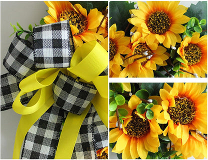 Sunflower Wagon Wheel Wreath for Front Door, Wooden Decor with Sunflower and Bow, 17.7in Spring Wreath