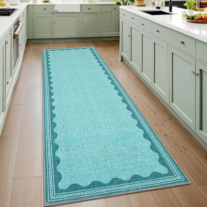 2.5x8 GarveeHome Scalloped Teal Runner Rug for Hallway Washable Kitchen Rugs Non Slip Solid Modern Soft Low-Pile Indoor