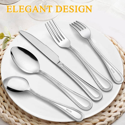 LIANYU 60-Piece Silverware Flatware Set for 12, Stainless Steel Cutlery Tableware with Pearled Edge, Fancy Eating Utensils for Kitchen Restaurant Party, Include Forks Knives Spoons, Dishwasher Safe