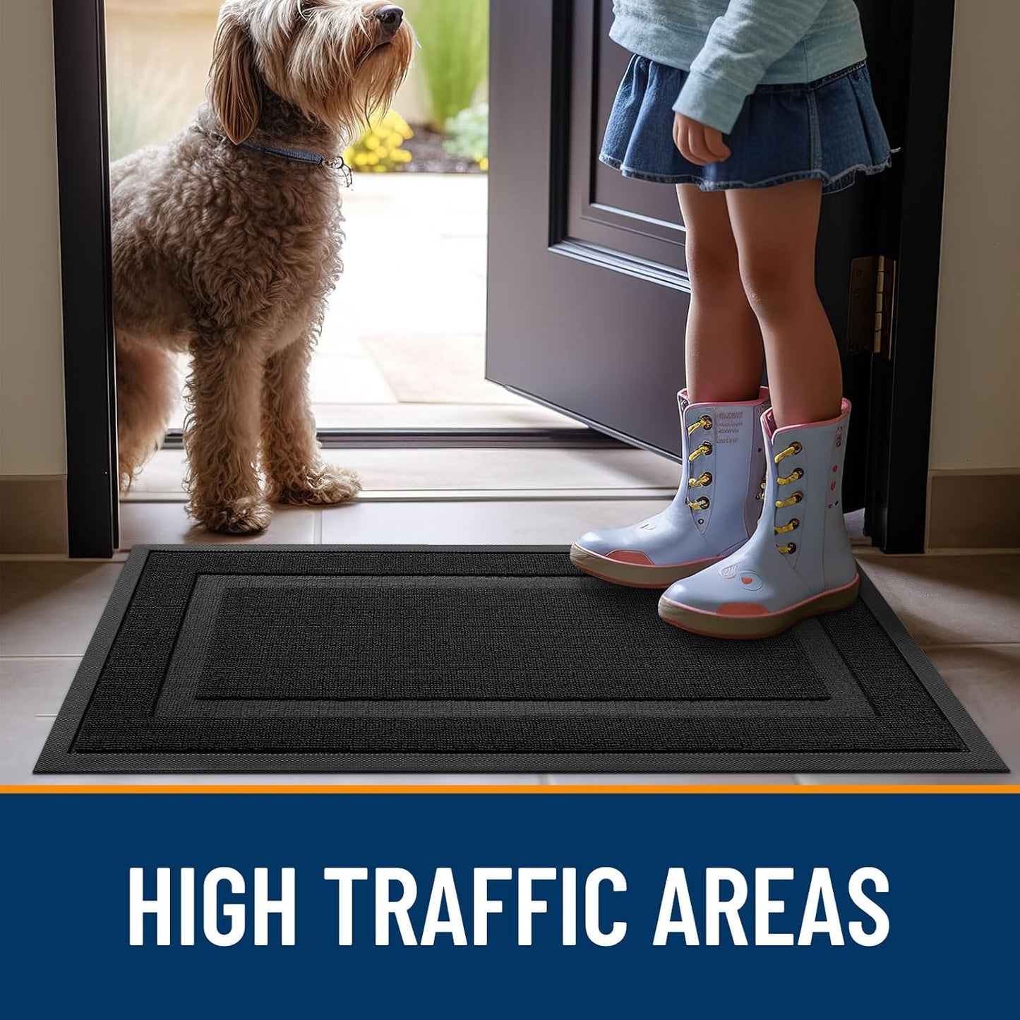 OLANLY Waterproof Front Door Mat - All-Season Indoor/Outdoor Doormat | Sturdy Natural Rubber, 59x23, Jet Black