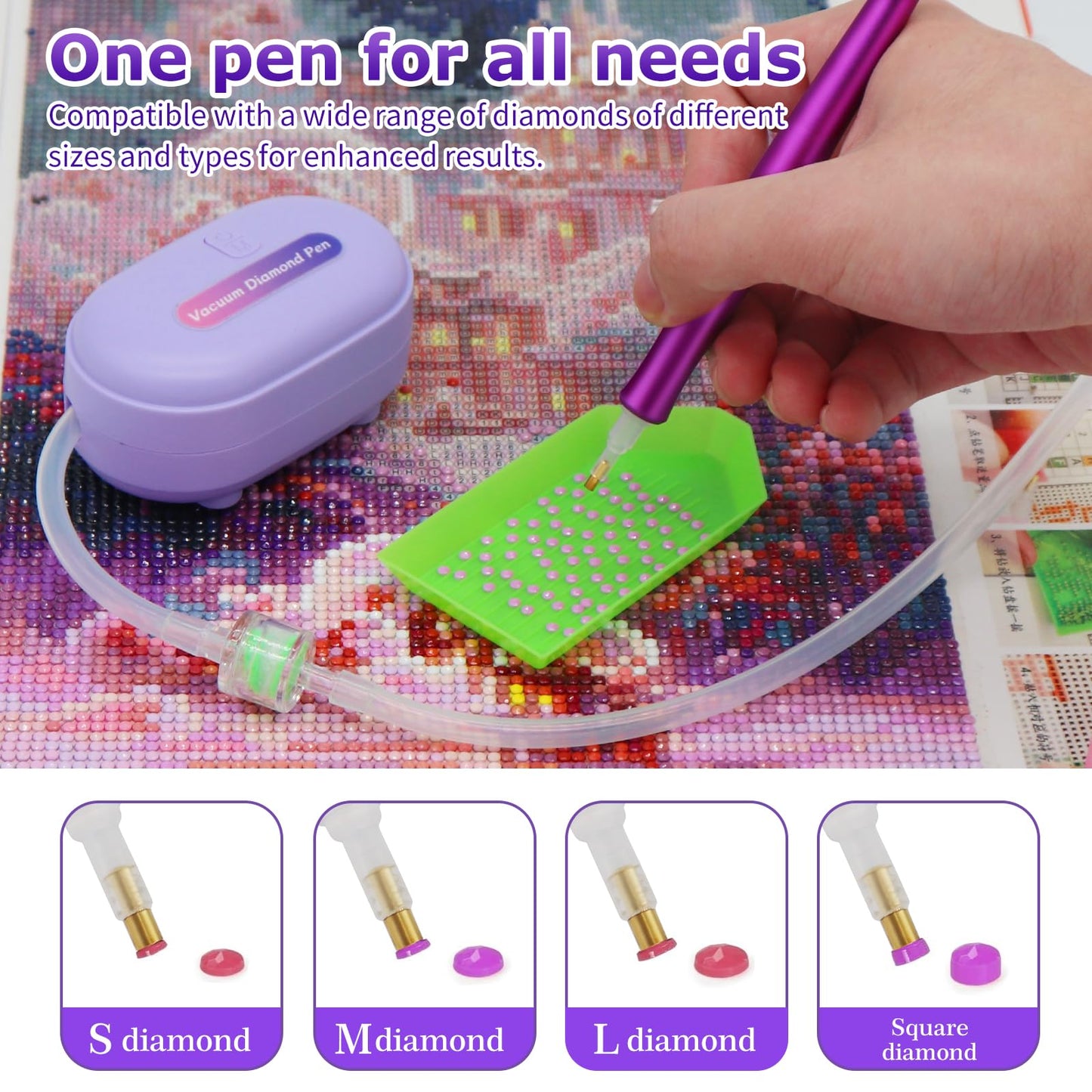 Sthmeyue Portable Diamond Painting Pen – Ultra-Light, Travel-Friendly | USB‑C Power Bank/PC Charging | 600mAh Battery + Quiet Operation | 3-Mode Suction & Wax-Free (Violet)