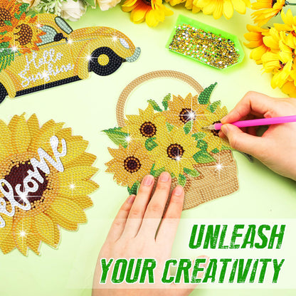 Menkxi 3 Pcs Sunflower Theme Diamond Hanging Kit for Adult DIY Sunflower Painting Diamond Art Flower Crystal Rhinestone Welcome Spring Door Sign Window Wall Hanging Kit Ornament Home Window Decor Gift