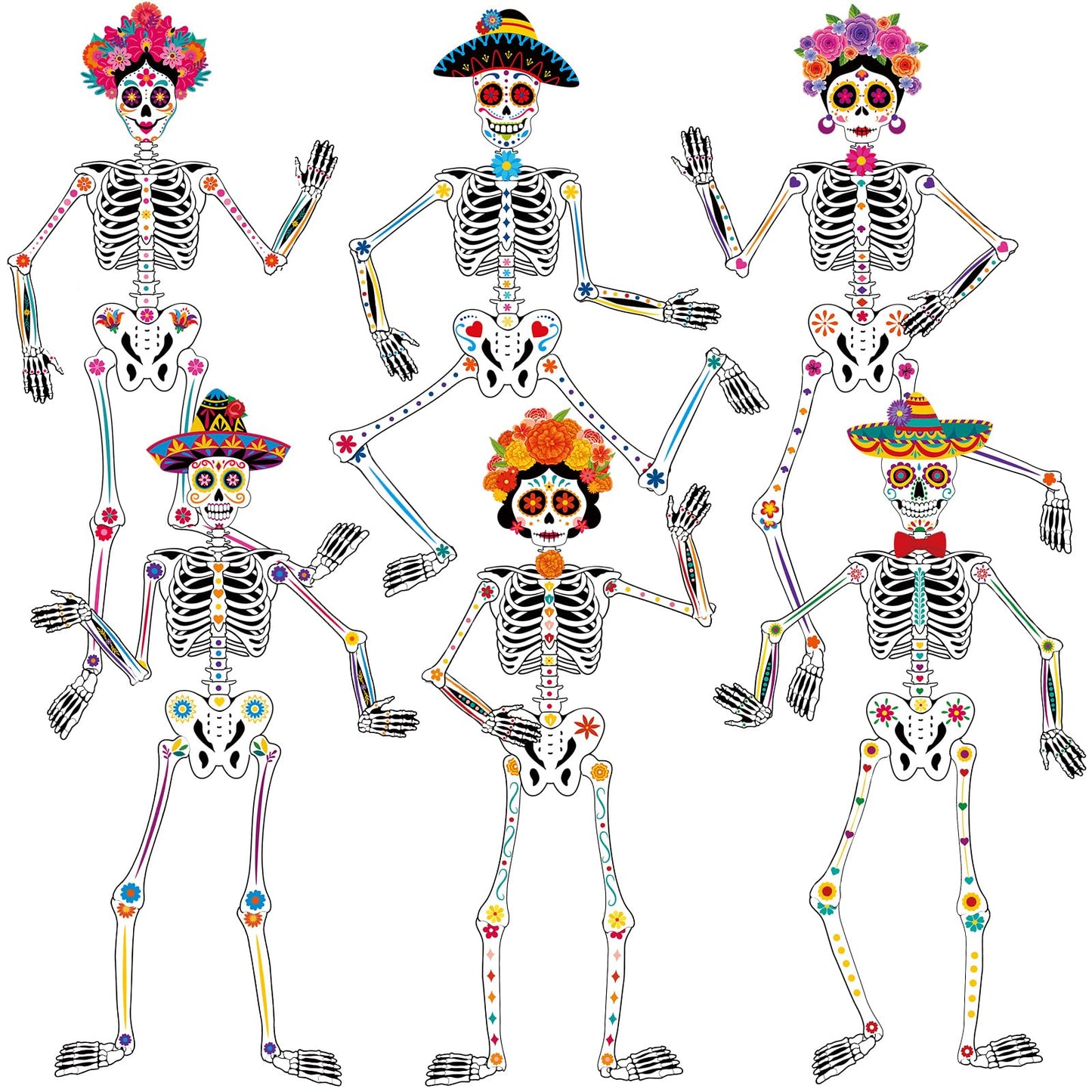WinnerWhy 6 Pcs 51 Inches Large Halloween Jointed Skeletons Paper Cutout Day of The Dead Jointed Skeletons Hanging Decorations Dia De Los Muertos Party Supplies for Outdoor Mexico Sugar Skull Decor