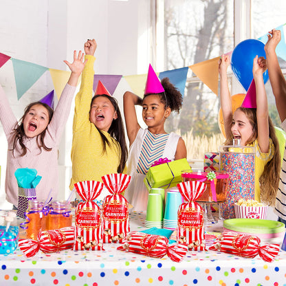 Epakh 200 Packs Carnival Candy Bags Circus-themed Plastic Party Treat Bags with Popcorn Pattern and Gold Twisted Ties for Carnival Birthday Party Favors, Cookies, and Cupcakes (Simple)