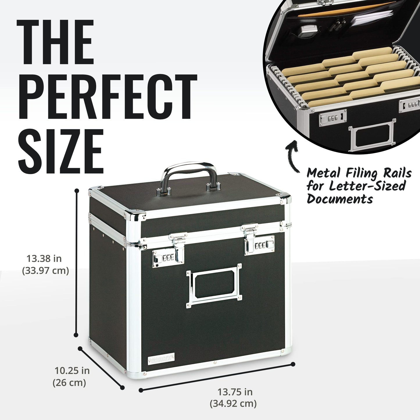 Vaultz Locking File Organizer Box - 13.5 x 13.25 x 10.5 Inch Large, Portable Locking Storage Box for Filing Letters & Documents w/Combination Lock, Black