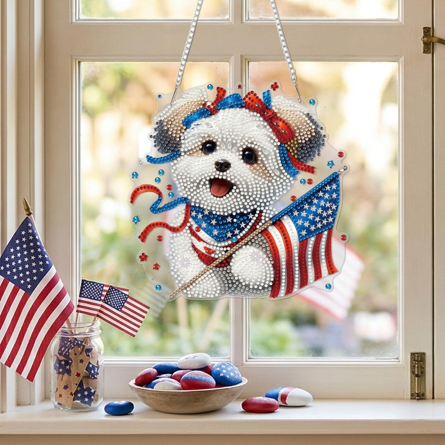 Bowetile 4th of July Diamond Art Hanging Kits for Adults,5D Diamond Painting Dog Window Pendant Kits, Special Shape Gem Art Suncatchers USA Flag Ornament for Home Garden Wall Decor Gifts
