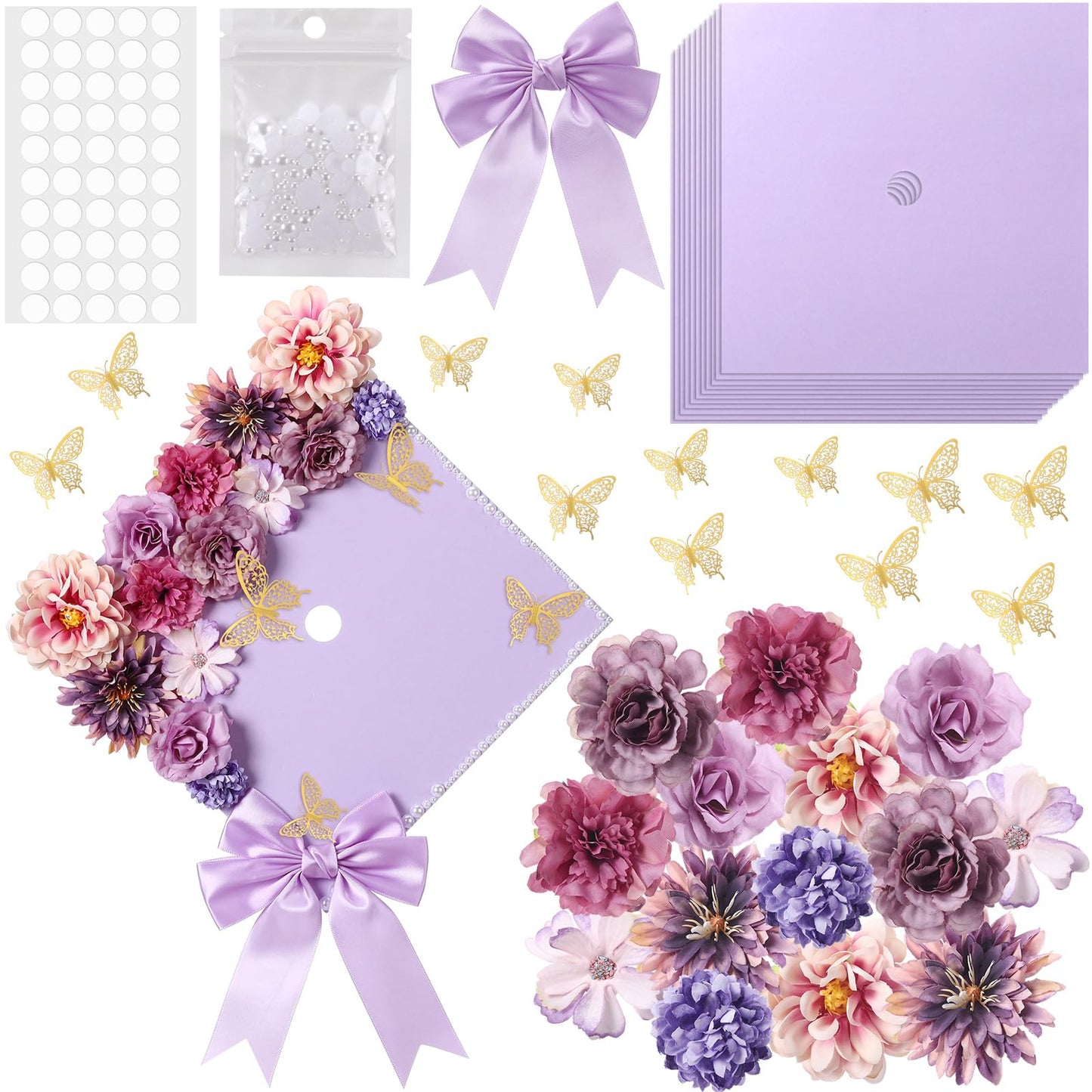 MotiMind 41 Pcs Purple DIY Graduation Cap Decoration Kit, Grad Cap Decorations Grad Hat Topper Faux Assorted Flowers Bows 3D Cream Construction Paper Butterfly Stickers Pearl Adhesive Dots