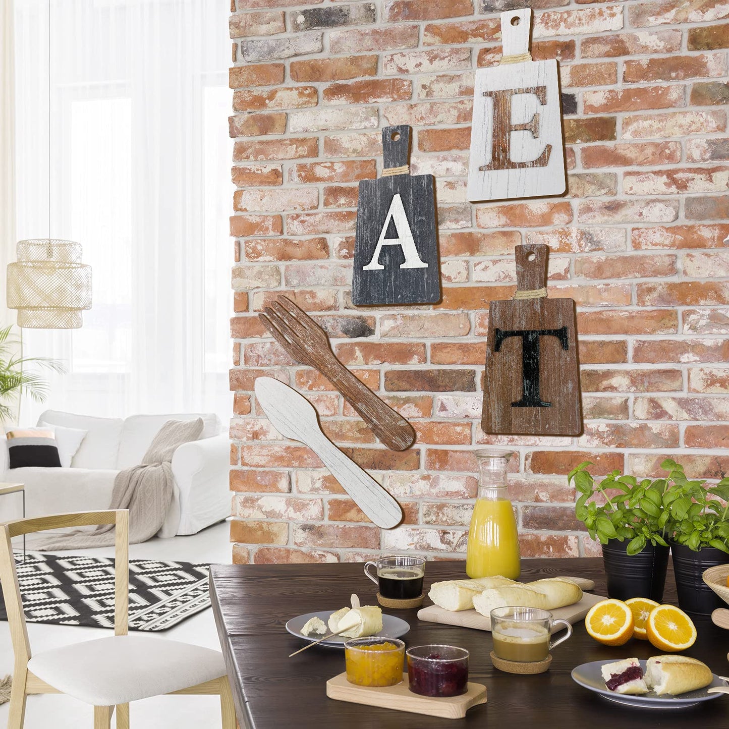 Jetec Cutting Board Eat Sign Set Hanging Art Kitchen Eat Sign Fork and Spoon Wall Decor Rustic Primitive Country Farmhouse Kitchen Decor for Home Decoration(White, Grey,brown)