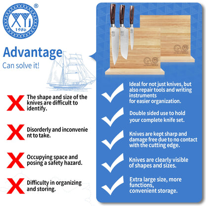 XYJ Authentic Since 1986, Magnetic Knife Block, Double Side Kitchen Knife Stand, Acacia Wood, Magnetic Knife Holder with Strong Enhanced Magnets,Knives Storage Rack Stand for Home Kitchen
