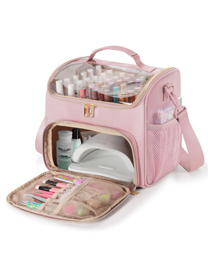 Prokva Nail Polish Organizer Bag Holds 42 Bottles(15ml/0.5 fl.oz), Double Layer Nail Storage Case for Gel Polish and Manicure Tools, Travel Nail Bag, Pink