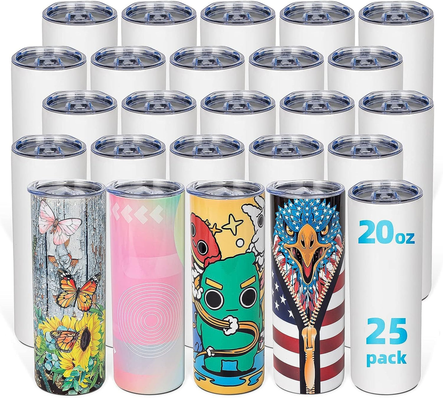 UIRZOTN 25 Pack 20oz Sublimation Tumbler Blanks Skinny Straight in Bulk, Stainless Steel Insulated Sublimation Tumbler with Polymer Coating for Heat Transfer, with Lid, Straw, Ribbon, Gift Box