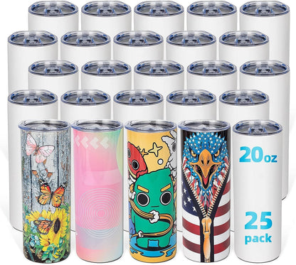 UIRZOTN 25 Pack 20oz Sublimation Tumbler Blanks Skinny Straight in Bulk, Stainless Steel Insulated Sublimation Tumbler with Polymer Coating for Heat Transfer, with Lid, Straw, Ribbon, Gift Box