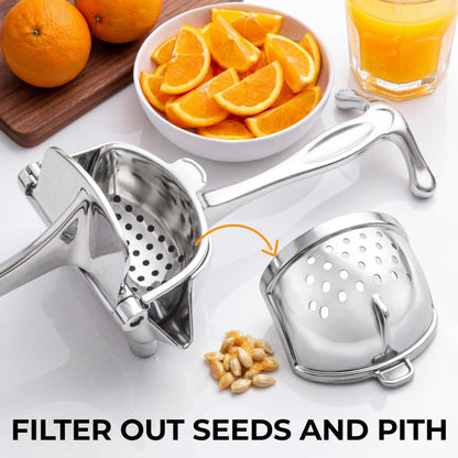 Zulay Manual Fruit Juicer- Heavy Duty Juice Press Squeezer with Detachable Lever & Removable Strainer - Fruit Press & Hand Juicer For Pomegranates, Lemons, Oranges, and More (Silver)