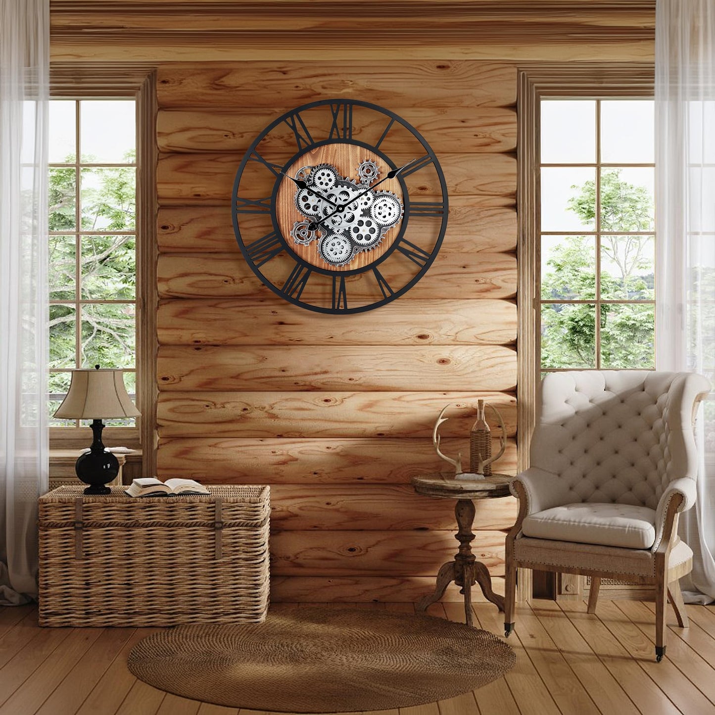 Lafocuse 23 Inch Real Moving Gear Wall Clock, Steampunk Wooden Large Wall Clock for Living Room Decor