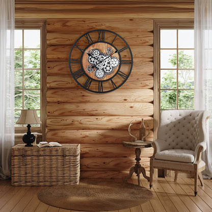 Lafocuse 23 Inch Real Moving Gear Wall Clock, Steampunk Wooden Large Wall Clock for Living Room Decor