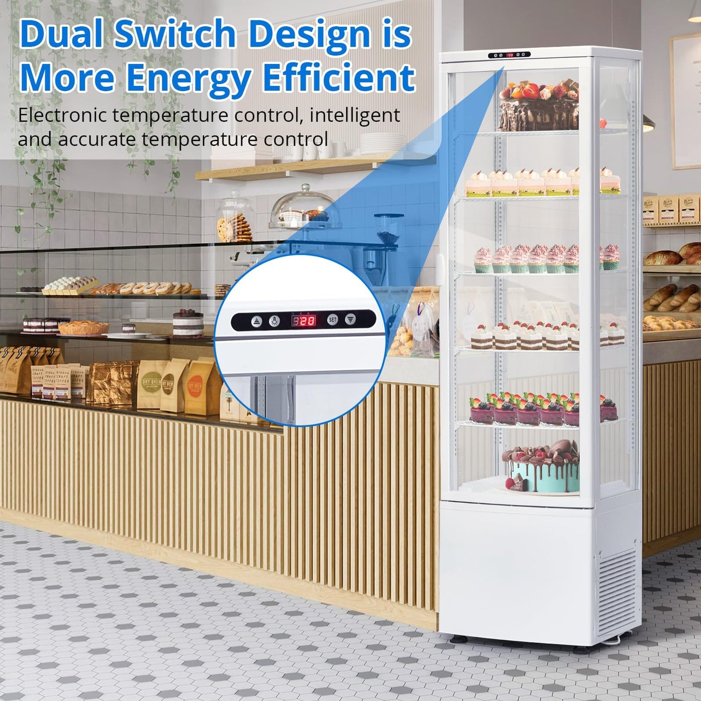 IDEALHOUSE Countertop Refrigerator, 10.9 Cu.Ft. Pastry Display Case for Bakery with LED, Frost-Free, Sliding Door, Commercial Fridge Display Case for Cafe and Restaurant, 5-Tier Design, White