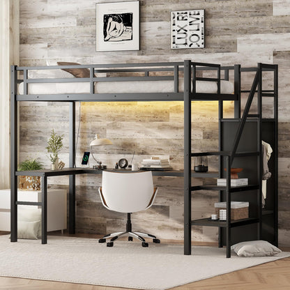 Heavy Duty Metal Loft Bed with Twin XL Size, Desk, Wardrobe & Storage Stairs, LED Charging Station, Space Saving for Kids, Teens & Adults - Black