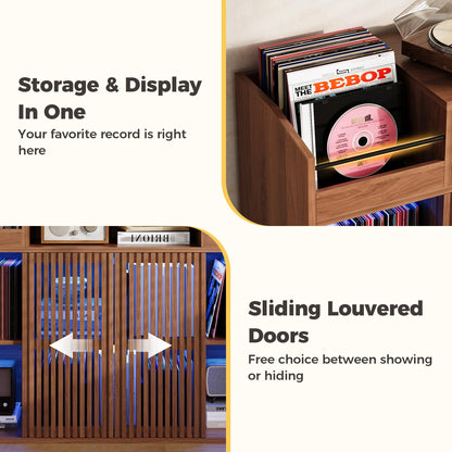 IRONCK Luxury Record Player Stand with Storage, Holds 1500+ Vinyl Records, Large Record Storage Cabinet with Sliding Doors & Charging Station & LED Light, Brown