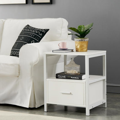 VECELO Nightstand Set of 2 with Wooden Storage Drawer Square Modern Bedside End Tables for Bedroom Living Room, Open Shelf, Industrial Metal Frame, Small Space, White