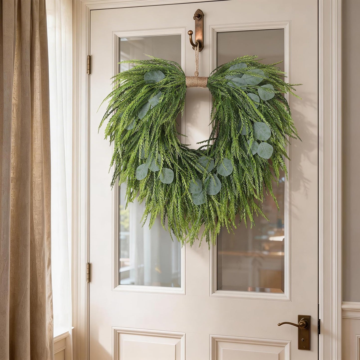 Artificial Saw Grass & Eucalyptus Wreath for Front Door, 22" Faux Saw Grass Fake Eucalyptu Greenery Hanging Heart Shaped Wreath for Wall, Farmhouse, Window,Home Decor | Spring Summer