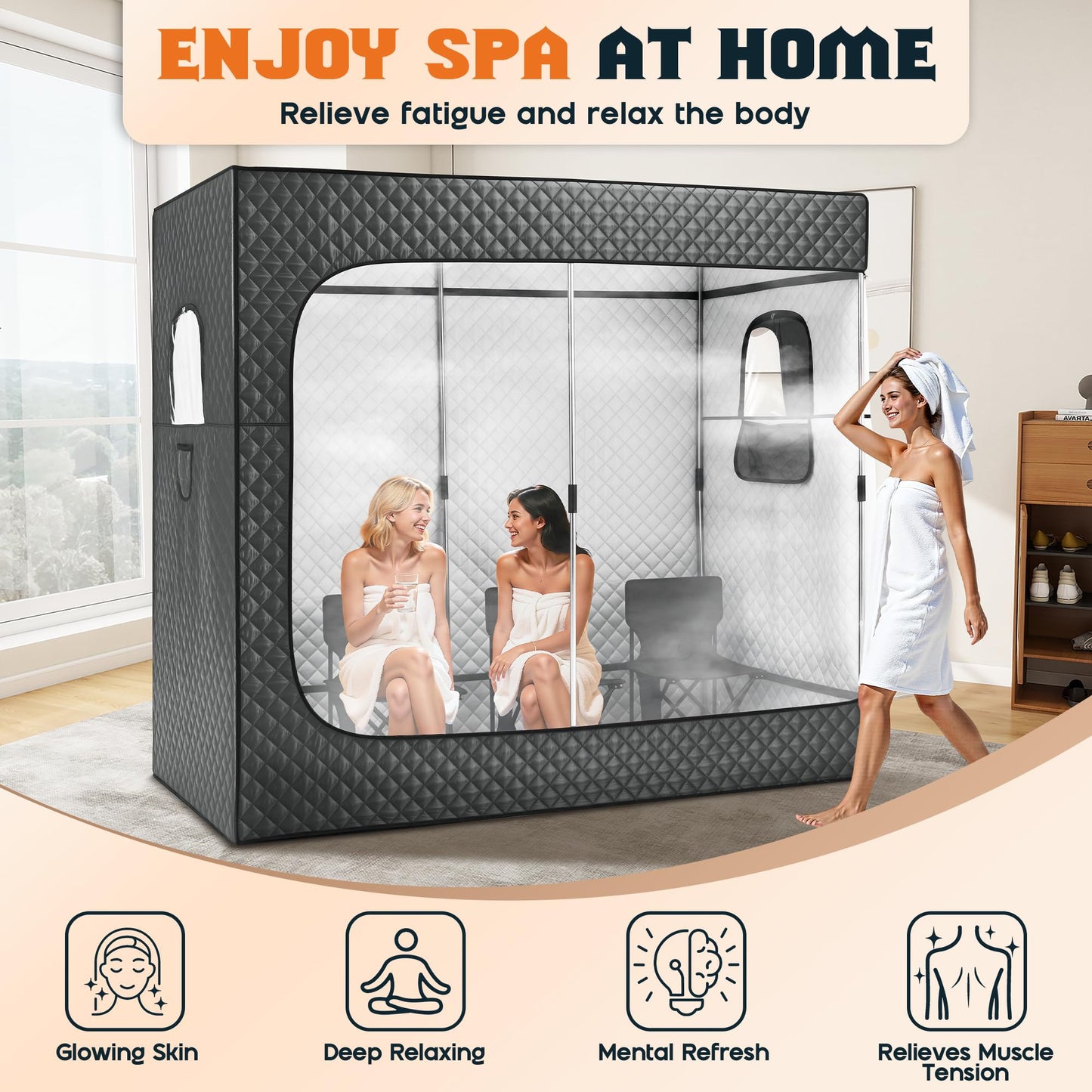 Albott 3 Person Steam Sauna for Home, Portable Sauna Tent with 3L 1500W Steamer, Extra Large Size 6.6’ x 3.3’ x 5.8’ Full Body Home Spa, Remote Control, Folding Chair, Grey