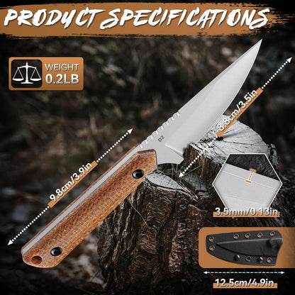 Purple Dragon Fixed Blade Knife with Sheath - D2 Steel Survival Knives with G10 Handle - Full Tang EDC Knife for Outdoor Bushcraft, Hiking - Fathers' Day Gift Idea - Brown