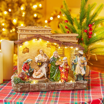 Lighted Christmas Nativity Set Indoor 9.3 Inch Village Resin Stable Manger Nativity Figurine with Music, Battery Operated Light up Tabletop Decorations for Interior Holiday Displays Ornament Gift