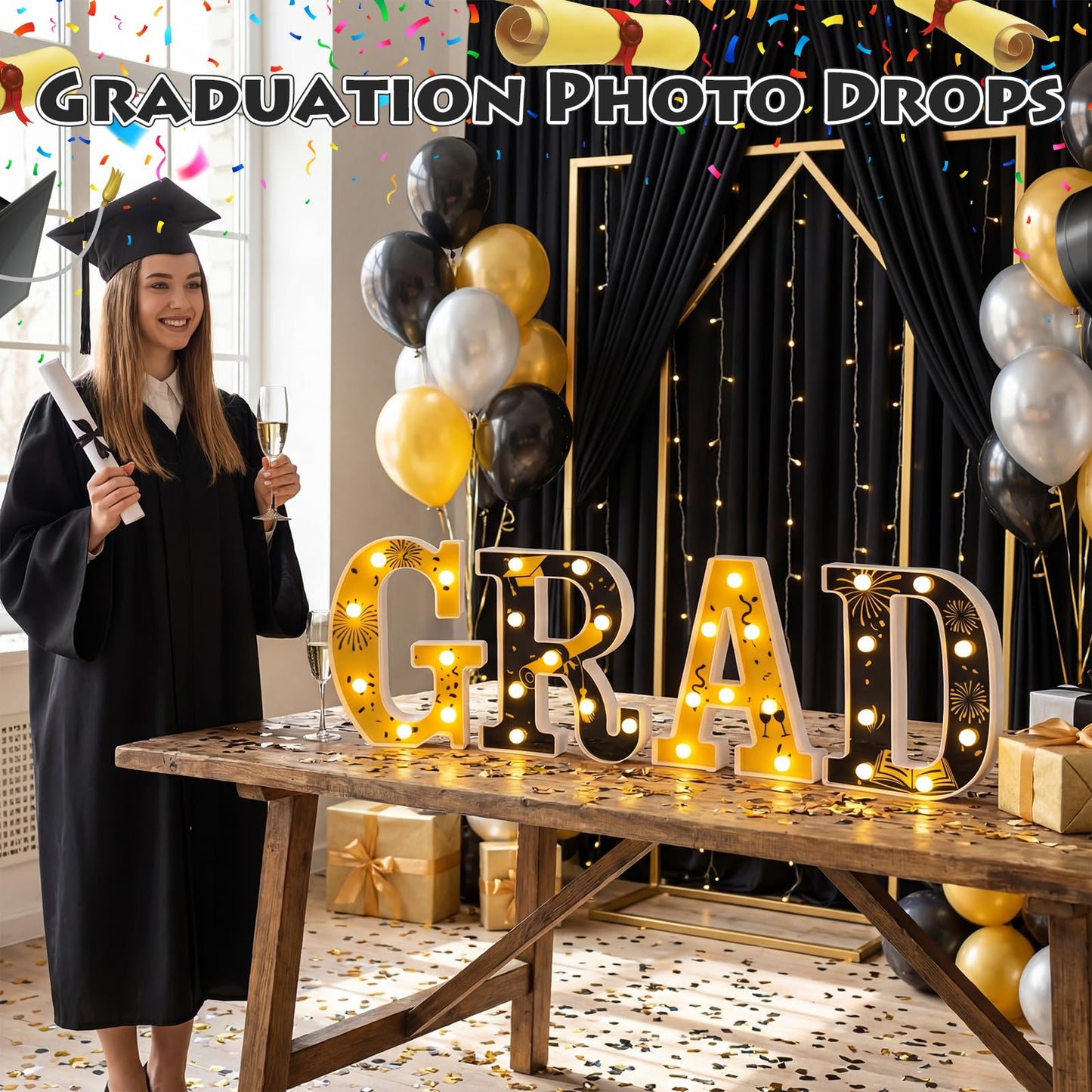 Wettal 2026 Grad Light up Letters for Table, Graduation Party Decorations LED Marquee Grad Letter Lights Sign 8.7 Inches Black and Gold Graduation Centerpieces Ornaments, Batteries Not Included