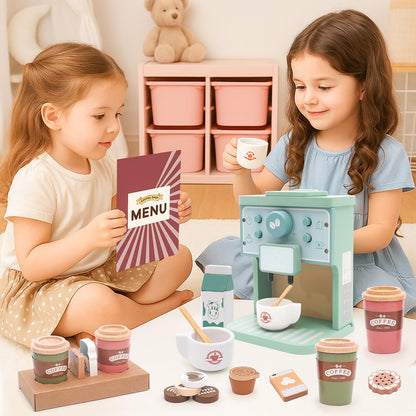 Kids Coffee Playset Toy Coffee Maker Set for Toddler Wooden Kitchen Accessories Pretend Play for Girls Boys Ages Birthday Gifts