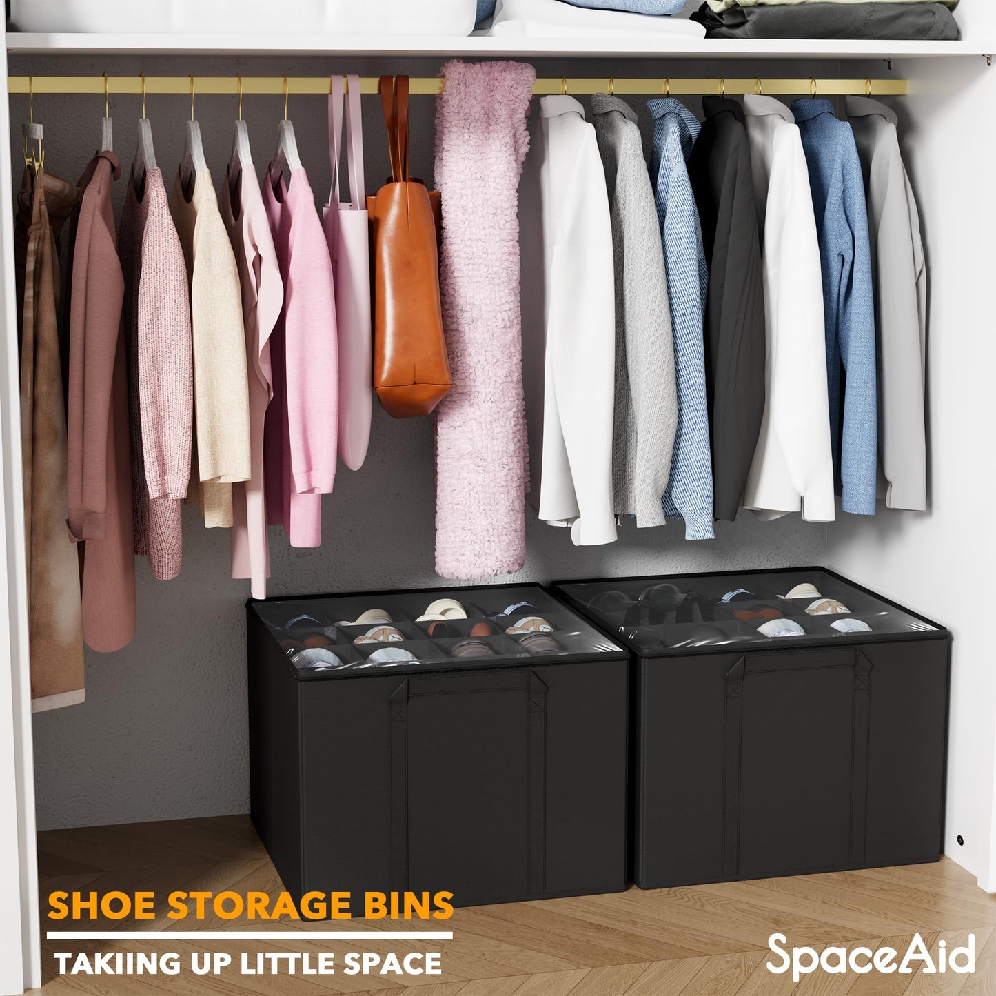 SpaceAid Shoe Organizer for Closet, 2 Pack Foldable Shoe Storage Containers Baskets Boxes Bins w/Adjustable Dividers, Fits 16-32 Pairs, Black