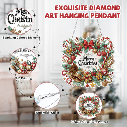 Bowetile Merry Christmas Diamond Art Hanging Wreath Kits for Adults, Diamond Art Suncatchers, 5D Special Shape Diamond Painting Pendant Window Ornament Christmas Gifts for Home Door Wall Decor
