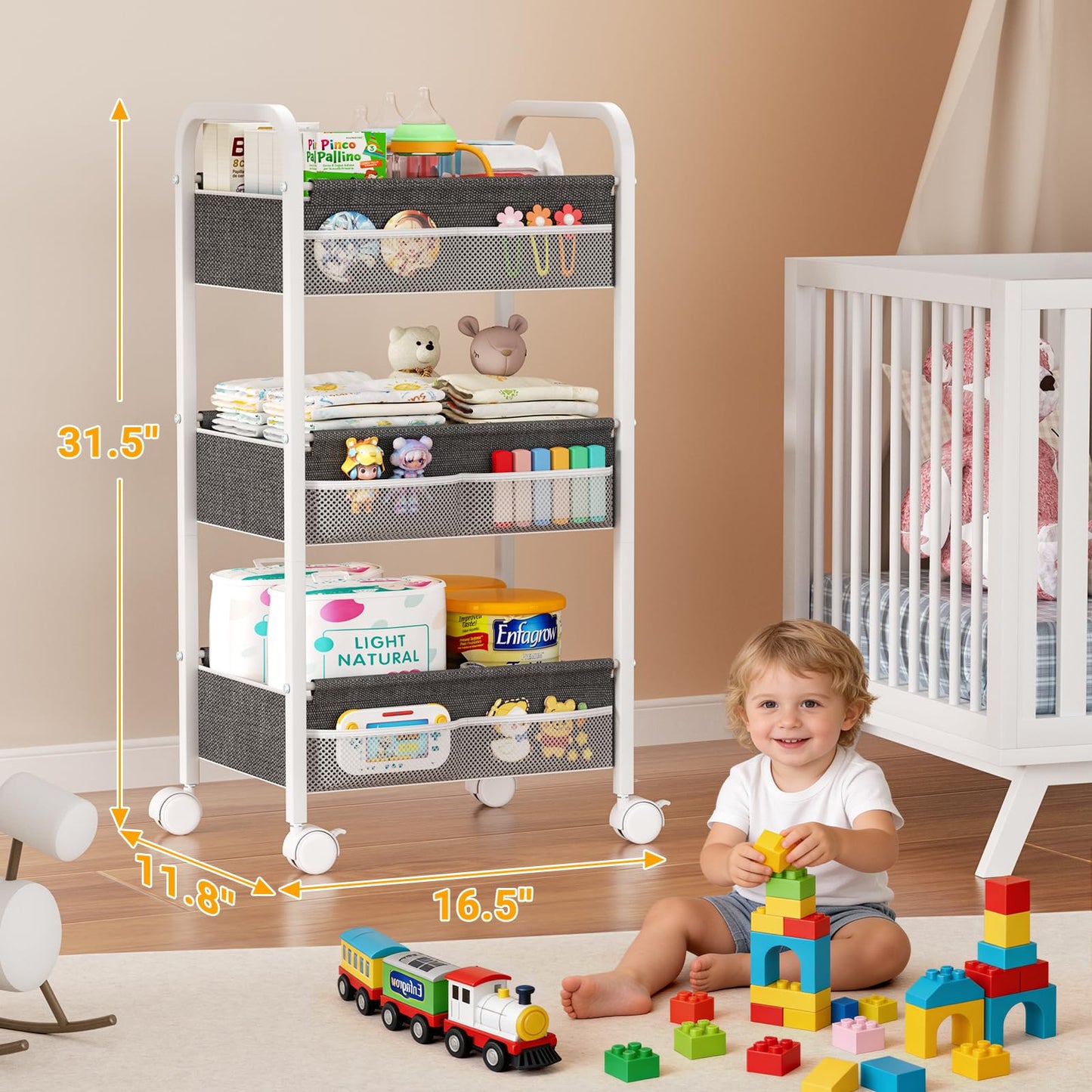 Baby Diaper Caddy Rolling Utility Cart, 3 Tier Baby Essentials Nursery Organizer and Storage with Dividers and Drawers for Crib, Bedroom, Art & Craft Organizer (White)