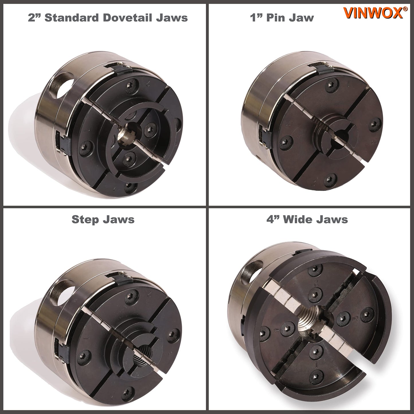 VINWOX 3-1/2INCH Self-Centering Wood Lathe Key Chuck Set, Round Jaw Mounted, with Step Jaw, Pin Jaw & Wide Jaw, 1"x8TPI Thread & 3/4"x16TPI Adapter, SCK4-3.5NV-SET, Nickle Coating NOVA Chuck Body