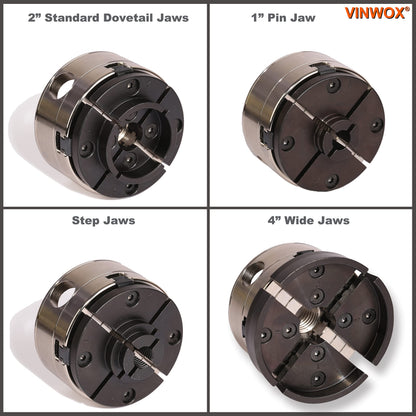 VINWOX 3-1/2INCH Self-Centering Wood Lathe Key Chuck Set, Round Jaw Mounted, with Step Jaw, Pin Jaw & Wide Jaw, 1"x8TPI Thread & 3/4"x16TPI Adapter, SCK4-3.5NV-SET, Nickle Coating NOVA Chuck Body