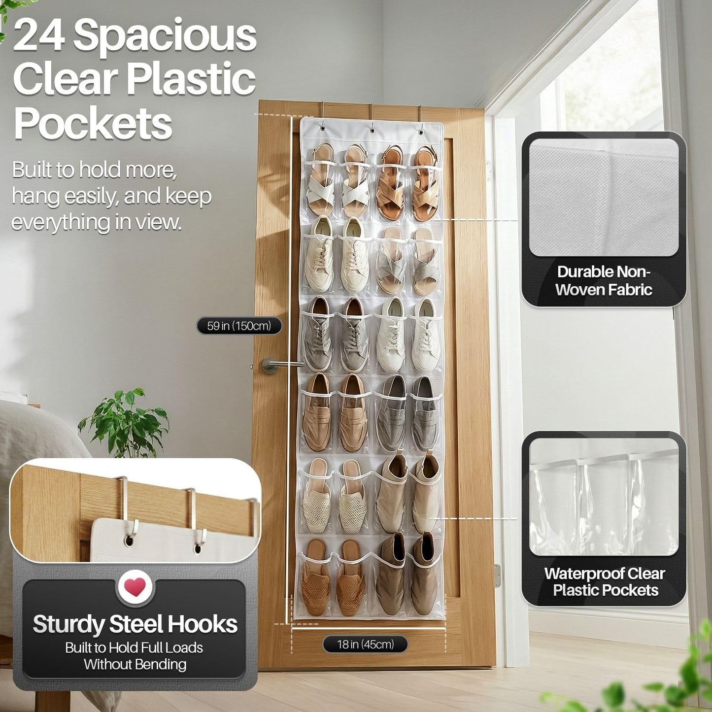 Closet 24 3 Flexzion Over the Door Shoe Organizer - Hanging Shoe Rack for with Clear Pockets and Steel Hooks, Back