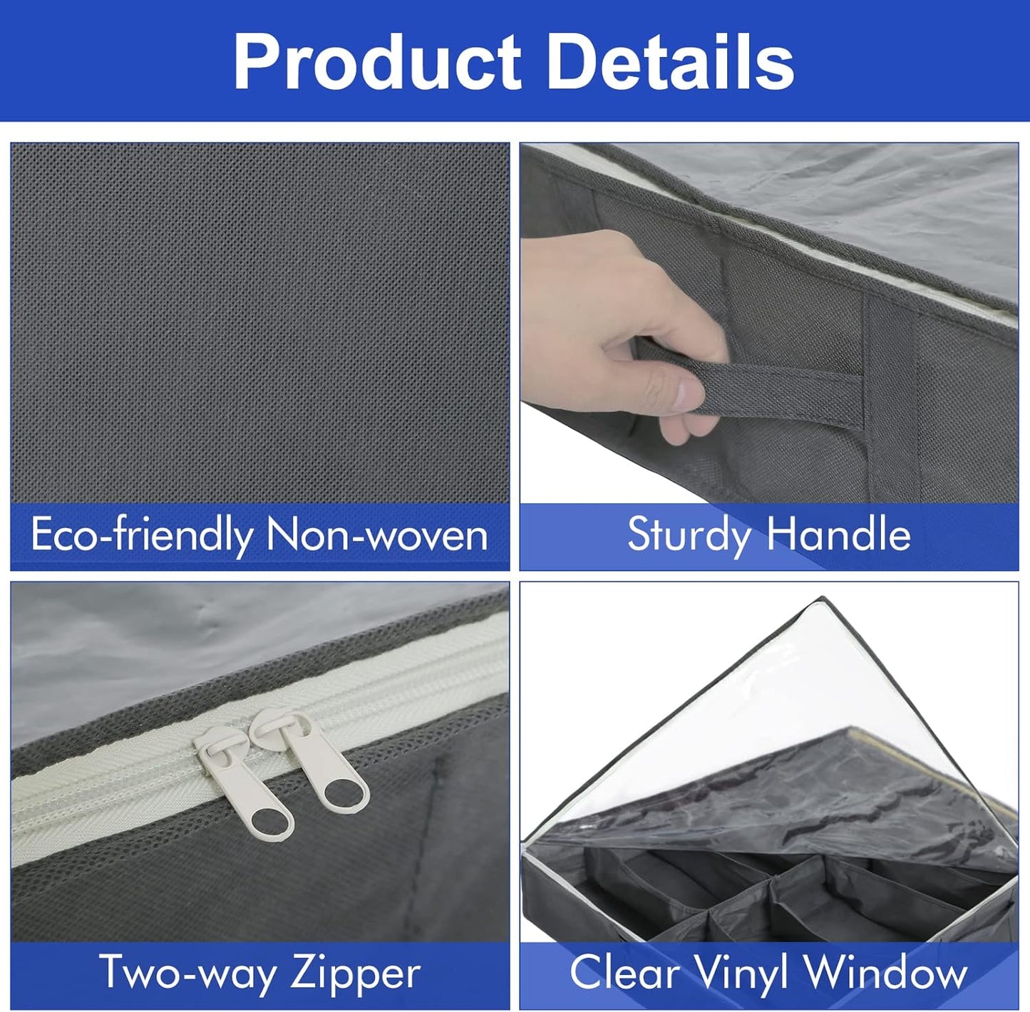 Surblue Under Bed Shoe Storage Organizer, Fits 24 Pairs of Shoes, Set of 2, Grey with Clear Cover