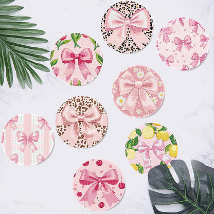 HHMATITS 8 Pcs Diamond Art Coasters Kit, Pink Bow Diamond Art Coaster with Holder Cork for Adults Beginners, 5D DIY Full Round Diamonds Painting Coasters Kit for Gifts 4X4 Inch