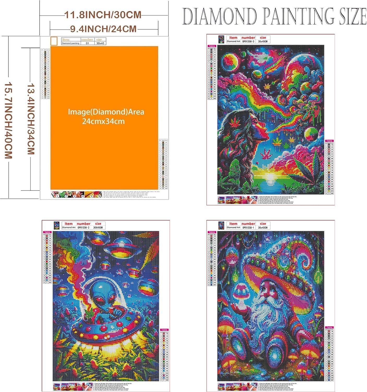 EIBEILI Diamond Art Kits for Adults - 3 Pack Hippie Hippy Alien,Starry Rainbow,Gnome Diamond Painting Kits for Adults,5D Round Full Drill Gem Art,DIY Crafts Kits for Gift Home Wall Decor 12x16inch