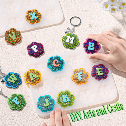 LET'S RESIN Keychain Resin Molds Silicone with Hole, 27 Cavities Flower Alphabet UV Resin Jewelry Pendant Molds kit for Beginner, Letter Epoxy Resin Molds for Keychain Pendant Jewelry Making