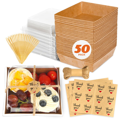 LNDIEHS 50Pcs Small Kraft Charcuterie Boxes with Clear Lids - Paper Mini Appetizer Plates for Sandwich, Cookie, Sushi, Cake Slice, and Strawberries