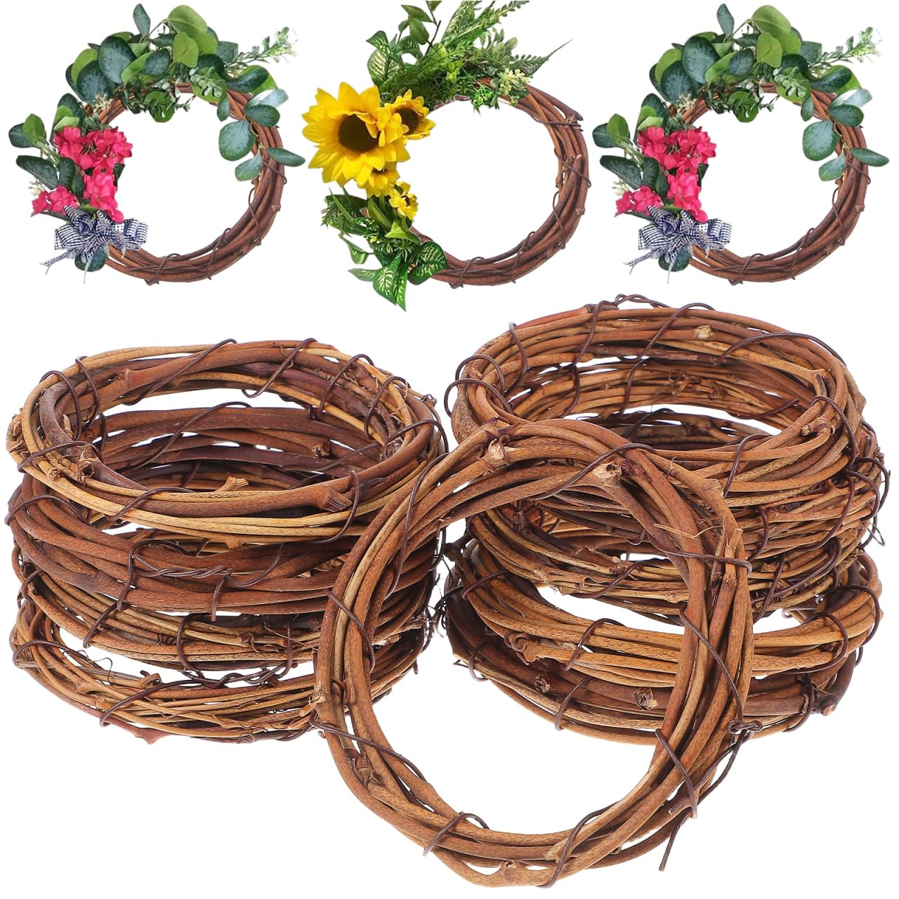 GATHINESS 10pcs Grapevine Wreath Frames, 4 Inch Rattan Form Natural Vine Wreath Frame for DIY Christmas Decor for Front Door Wedding Party Floral Dried Rattan Ring Hoop Crafts Set Brown