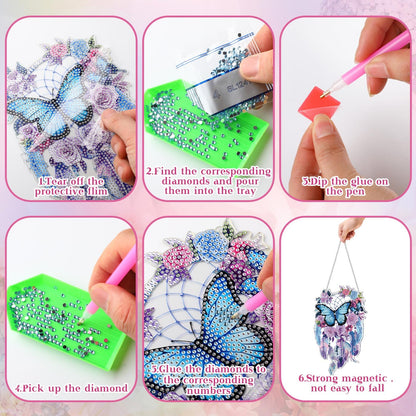 Saillong 2 Pcs Dream Catcher Diamond Art Painting Kits for Adults DIY Purple Butterfly Suncatcher Hanging Diamond Art Painting Wind Chime Hanging for Home Window Door Decor