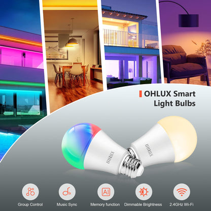 OHLUX Smart Light Bulbs, Color Changing LED Bulbs for Alexa and Google Assistant, 2.4GHz WiFi and Bluetooth with Music Sync, E26 A19, 120V, 4 Pack