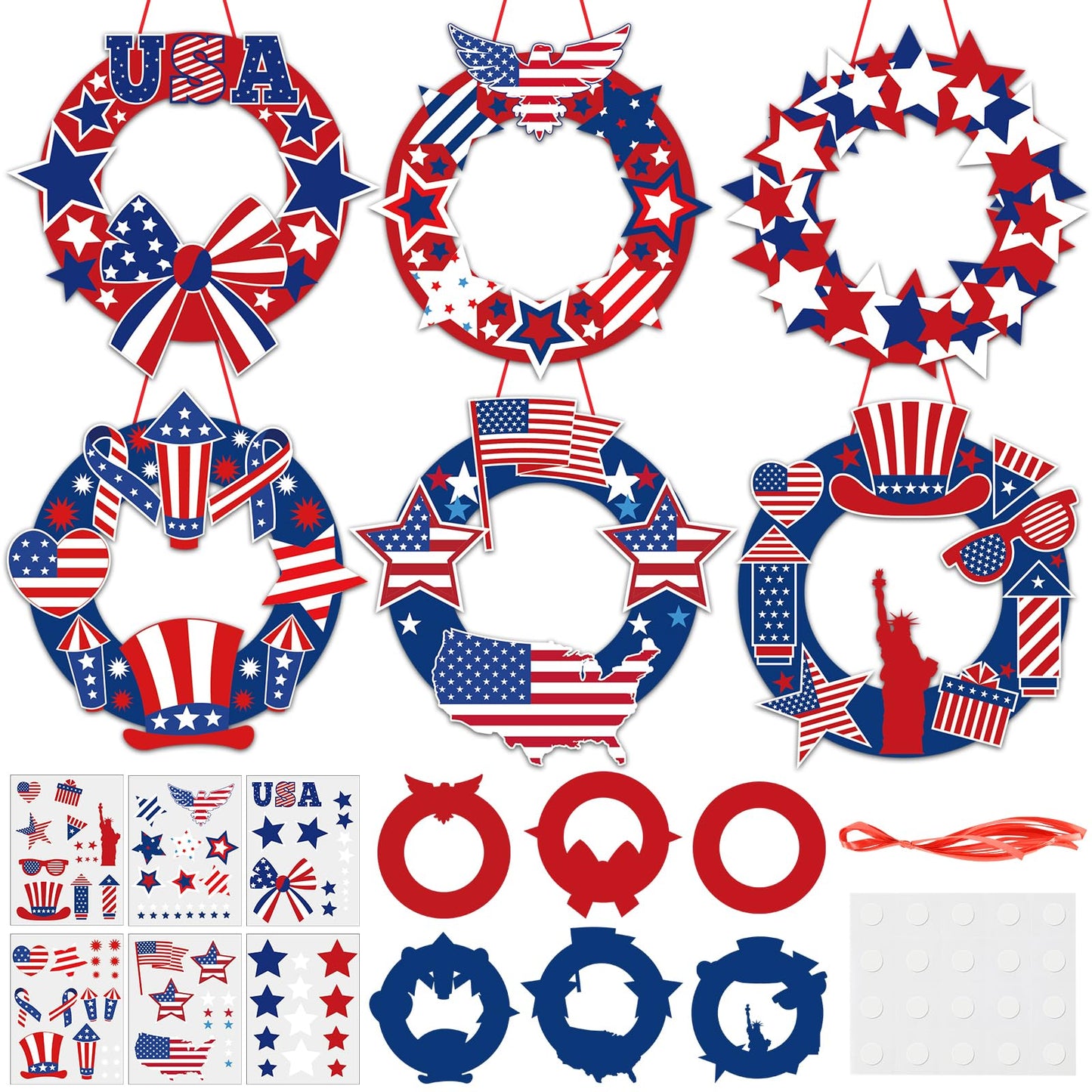 QOUBAI 36 Set Patriotic Wreath Craft Kit for DIY 4th of July Paper Crafts American Flag Stickers Hanging Ornament for Memorial Independence Day Art Activity Home Decor Supplies