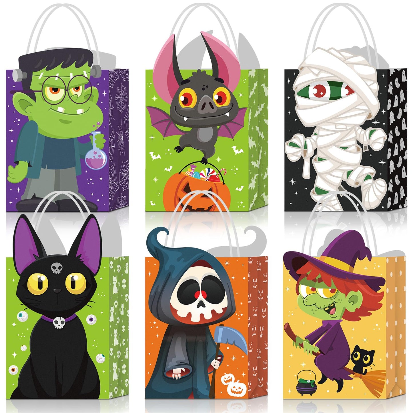 Pajean 18 Pcs Halloween Party Gift Bags Halloween Paper Treat Goodie Bags with Handles Mummy Skeleton Black Cat Candy Cookie Wrap Party Favors for Trick or Treat Favors Supplies