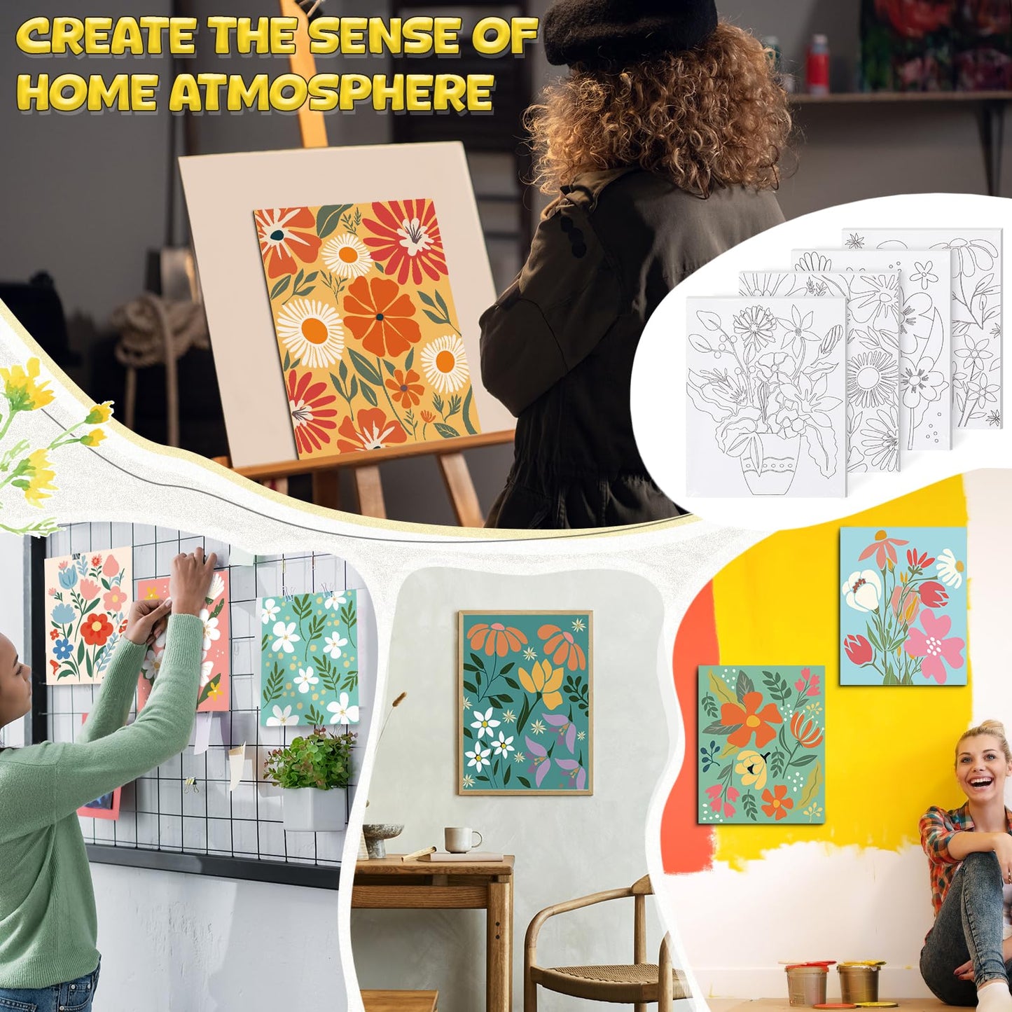 Sherr 96 Pcs 12 Sets Pre Drawn Canvas Kit for Painting Craft Sip and Paint Kit for Adults Pre Printed Canvas Painting Favor for DIY Birthday Gifts Adult's Date Party, 8 x 10 Inches(Flower)