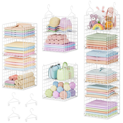 Yuyetuyo 6 Tier Raised-Height Hanging Closet Organizer, Stackable Sweater Organizer for Closet, Wire Storage Basket Bins for Clothes Purse Shoes, Hanging Shelves with 4 Hooks & 3 Dividers Adjustable