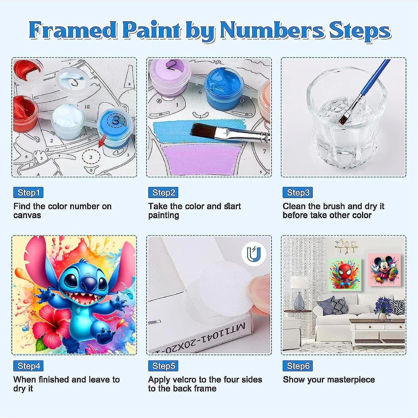 Fuinkqe 4 Packs Cartoon Paint by Numbers Kits for Kids Framed,Paint by Numbers for Kids Ages 8-12 with Framed Canvas,DIY Easy Painting Kits with Wooden Easel for Home Wall Decor 8X8 Inch