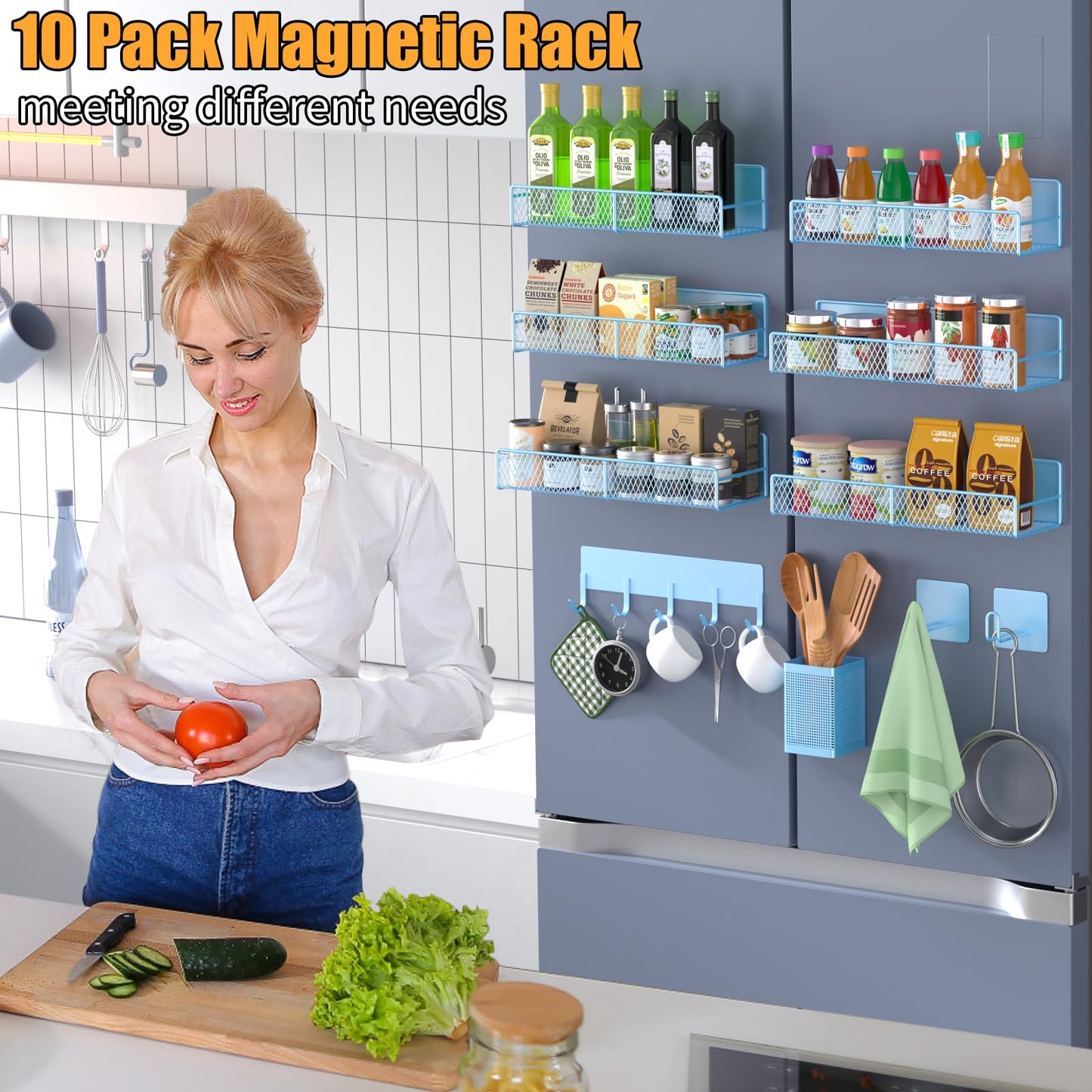 Magnetic Spice Rack for Refrigerator, 6 Pack 100% Metal Strong Magnet Shelf, Space Saving Spice Organizer, Home Kitchen Laundry Room Storage Organization W/ Paper Towel Holder, Utensils Racks (Grey)